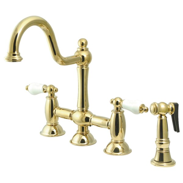 KS3792PLBS Restoration Bridge Kitchen Faucet W/ Brass Sprayer, Brass